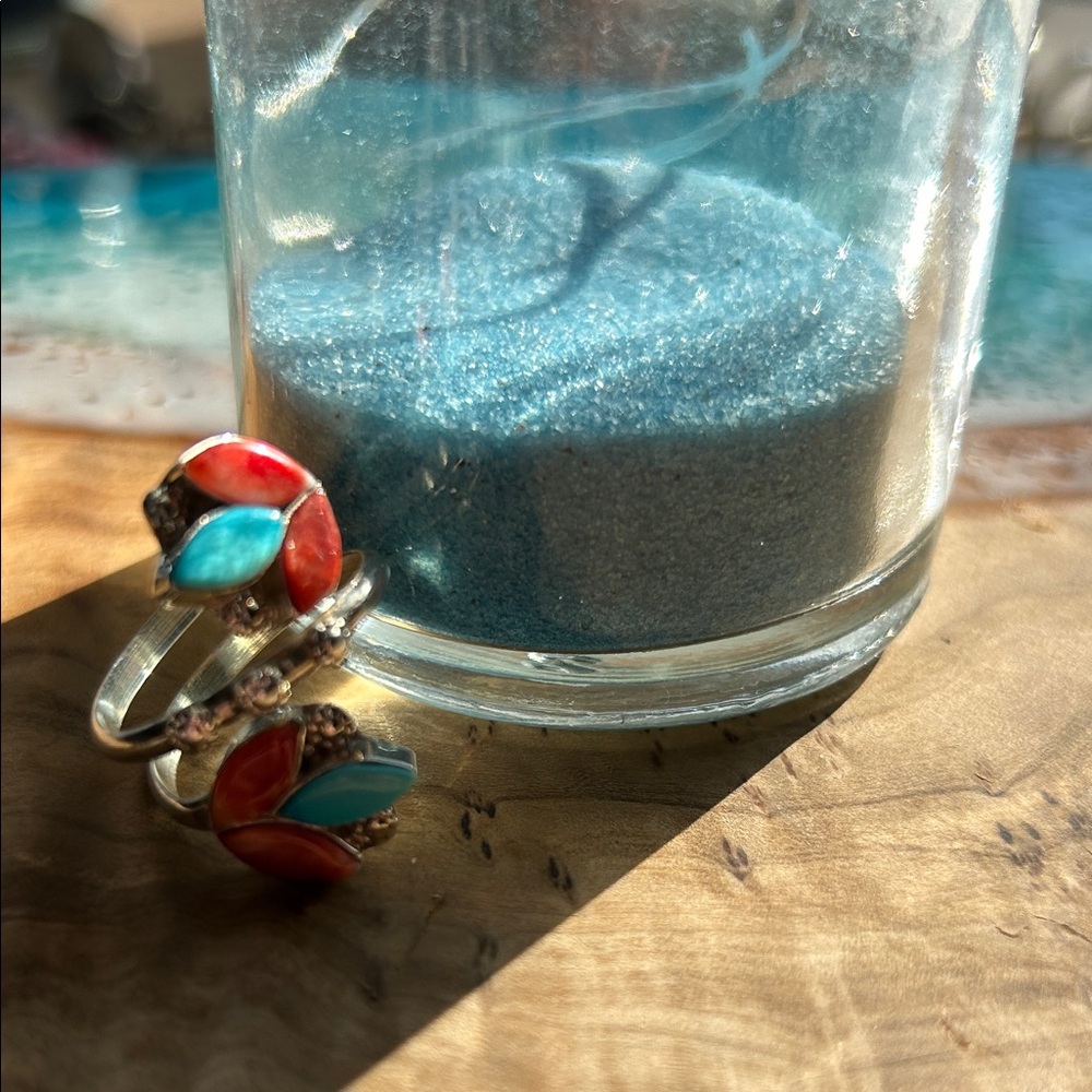 Turquoise & Coral Inlay Bypass Ring – Native American, Hand Signed